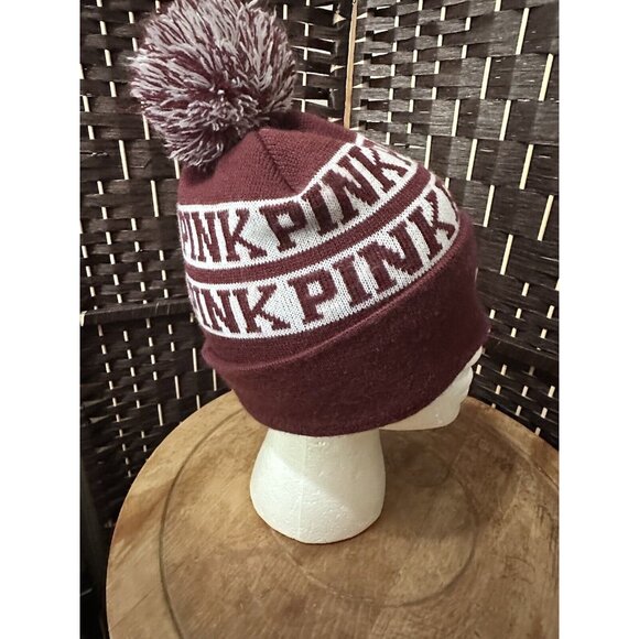 PINK Victoria's Secret Beanie Pom Pom Hat Knit Cap Burgundy & White One Size - Picture 3 of 6